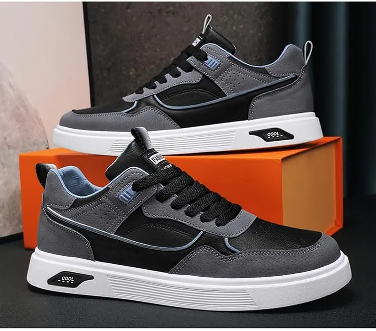 Men's Comfy Non Slip Durable Skateboarding Shoes Casual Lace-up Sneakers - Solid Color Low Top PU Trainers, Round Toe Footwear with Fabric Inner, Cloth Insole for Everyday Wear