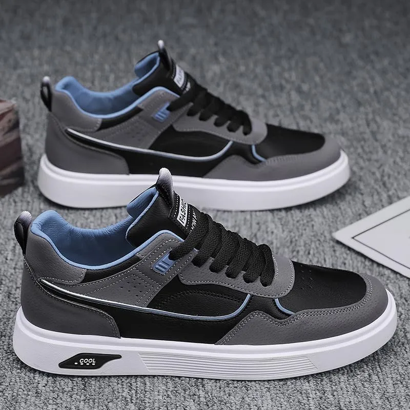 Men's Comfy Non Slip Durable Skateboarding Shoes Casual Lace-up Sneakers - Solid Color Low Top PU Trainers, Round Toe Footwear with Fabric Inner, Cloth Insole for Everyday Wear