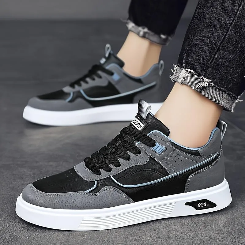 Men's Comfy Non Slip Durable Skateboarding Shoes Casual Lace-up Sneakers - Solid Color Low Top PU Trainers, Round Toe Footwear with Fabric Inner, Cloth Insole for Everyday Wear
