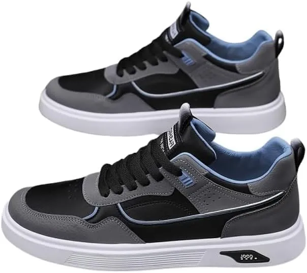 Men's Comfy Non Slip Durable Skateboarding Shoes Casual Lace-up Sneakers - Solid Color Low Top PU Trainers, Round Toe Footwear with Fabric Inner, Cloth Insole for Everyday Wear