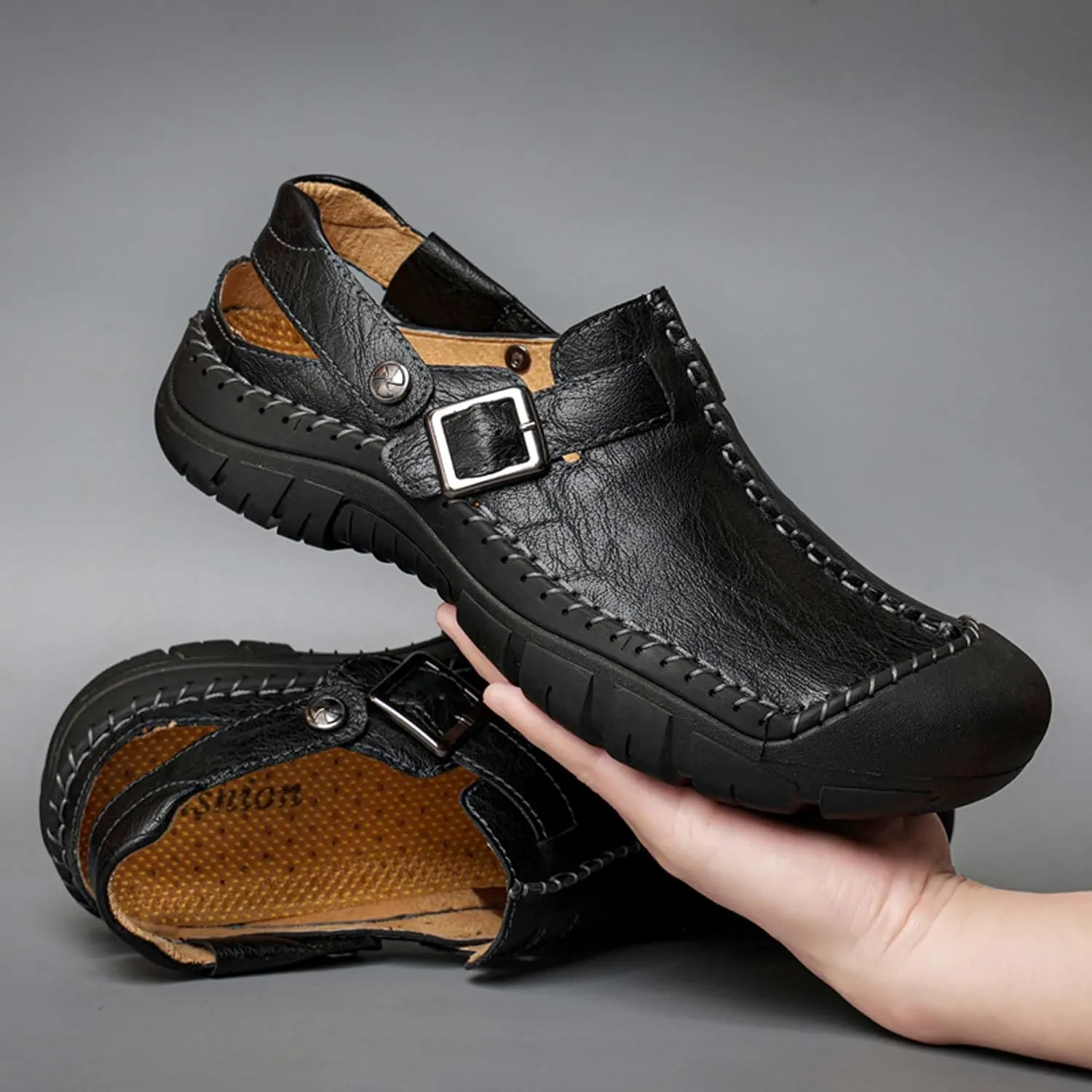 Men's Sports Sandals Cowhide Retro Casual Hiking Beach Closed Toe Cool Slippers Summer Outdoor Comfortable Fisherman Walking Adventure Travel Casual Fashionable Wrapped Toe Two-Wearing Design