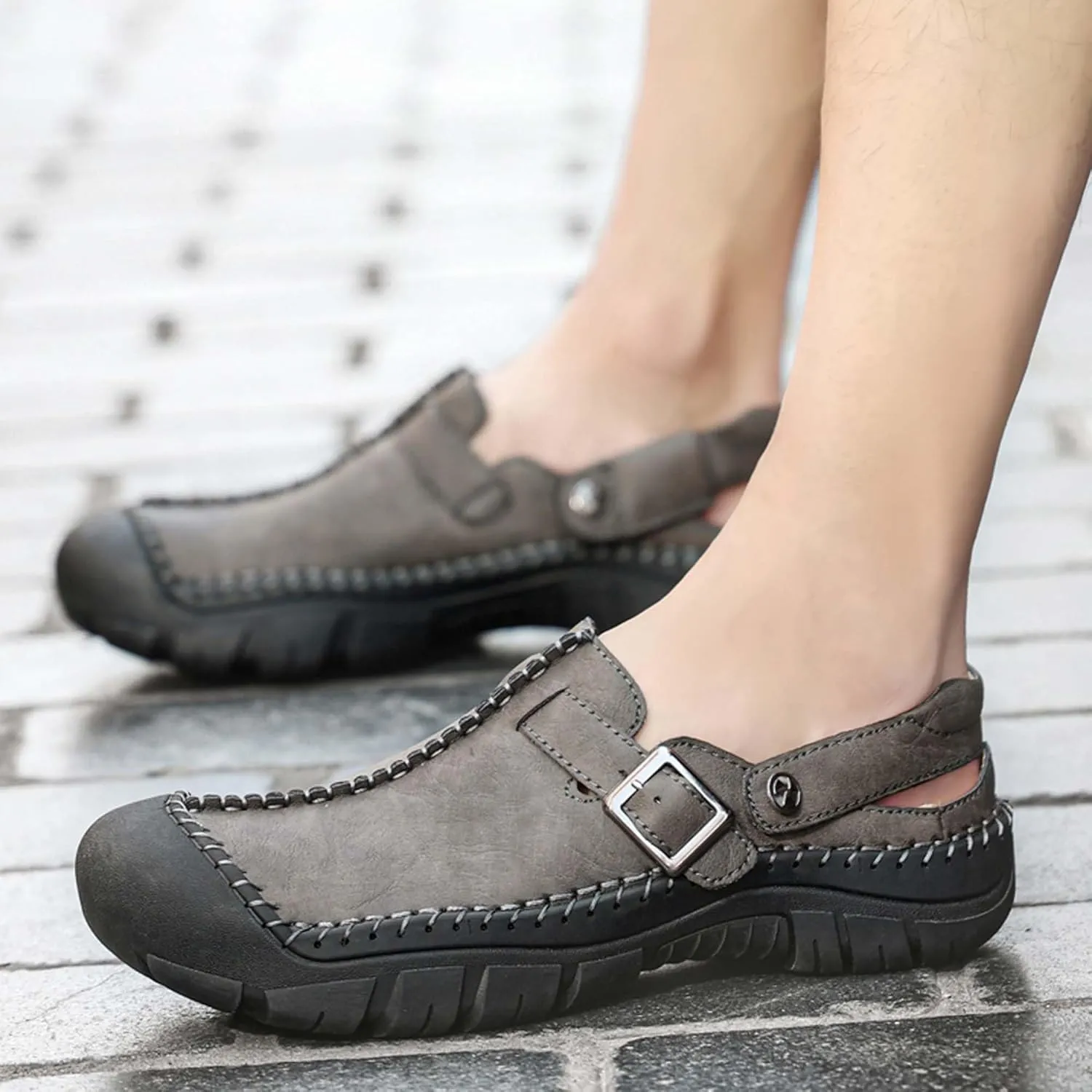 Men's Sports Sandals Cowhide Retro Casual Hiking Beach Closed Toe Cool Slippers Summer Outdoor Comfortable Fisherman Walking Adventure Travel Casual Fashionable Wrapped Toe Two-Wearing Design