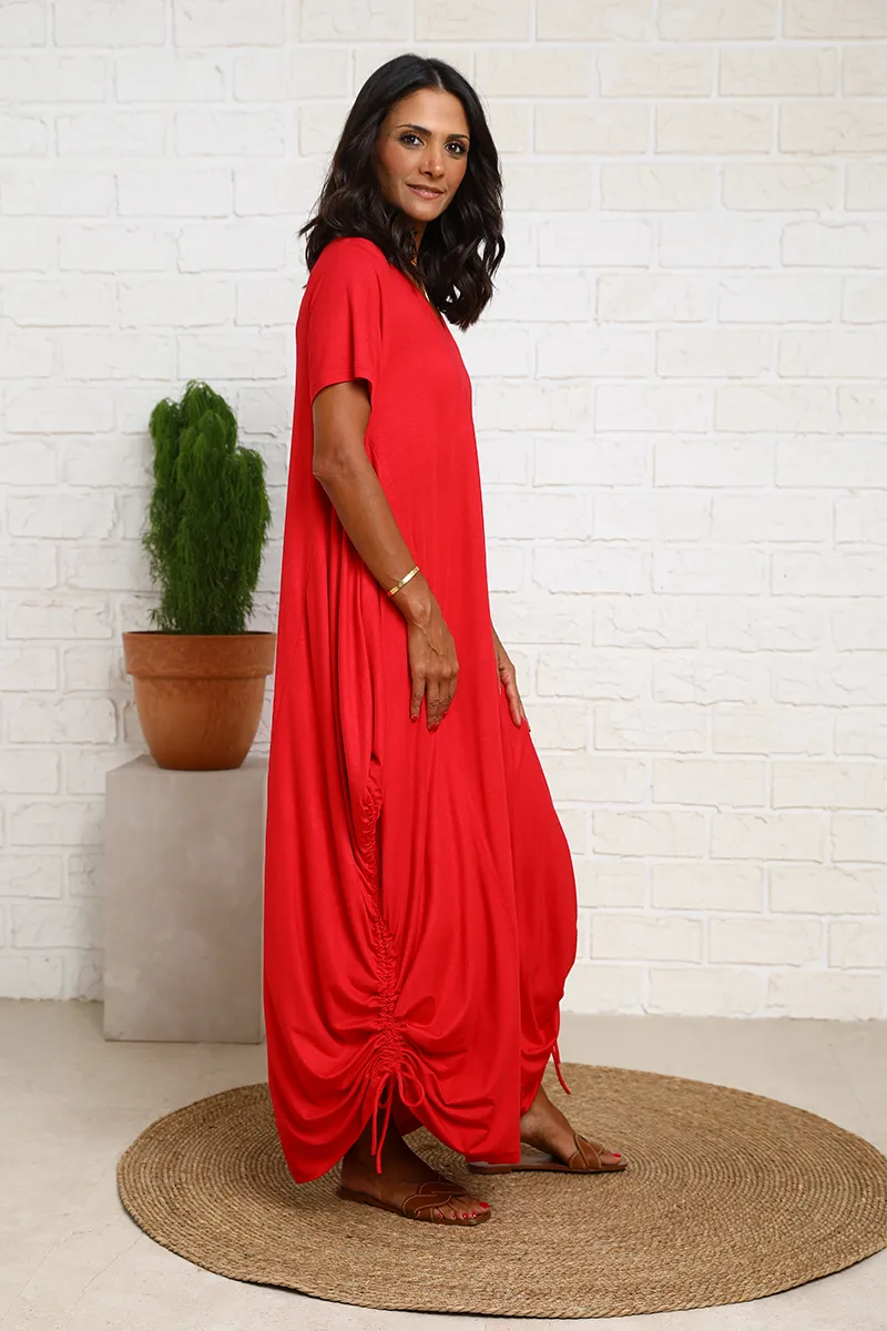 Short Sleeves V Neck Cotton Jersey Dress With Side Ropes