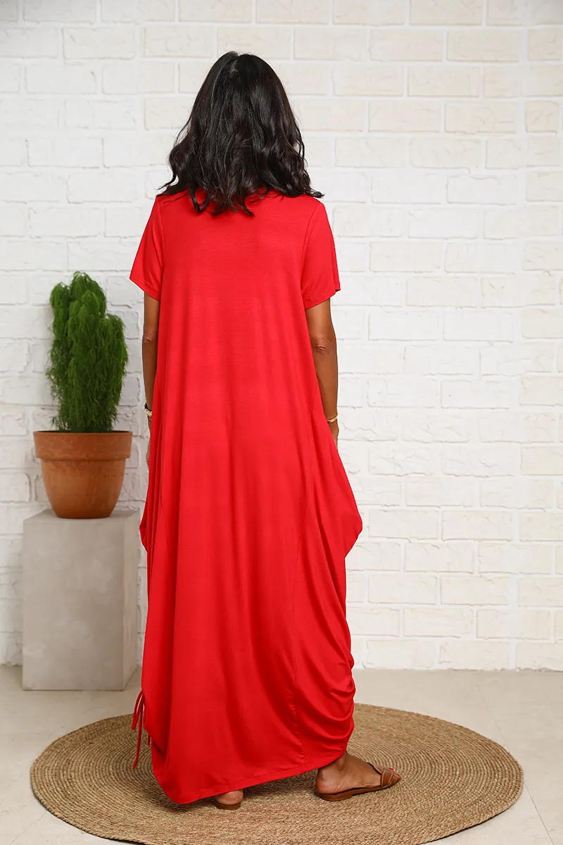 Short Sleeves V Neck Cotton Jersey Dress With Side Ropes