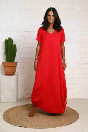 Short Sleeves V Neck Cotton Jersey Dress With Side Ropes