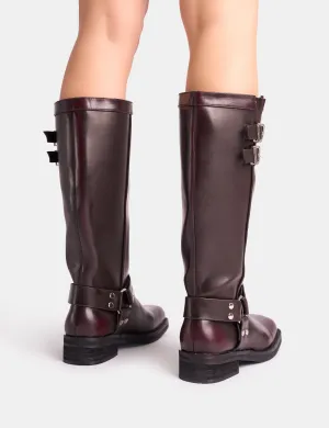 Sirius Burgundy Vintage Buckle Knee Hight Flat Boots