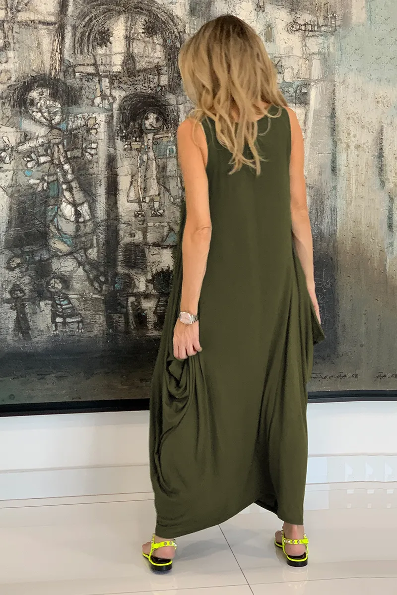 Skull Sleeveless Round Neck Cotton Maxi Dress - Olive
