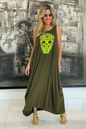 Skull Sleeveless Round Neck Cotton Maxi Dress - Olive