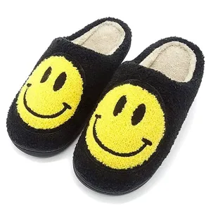 Smiley Face Plush Slippers for Indoors & Outdoors - Black & Yellow (Multiple Sizes)