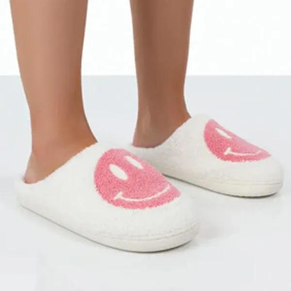Smiley Face Plush Slippers for Indoors & Outdoors - Pink & White (Multiple Sizes)