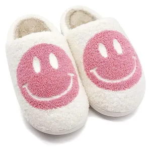 Smiley Face Plush Slippers for Indoors & Outdoors - Pink & White (Multiple Sizes)