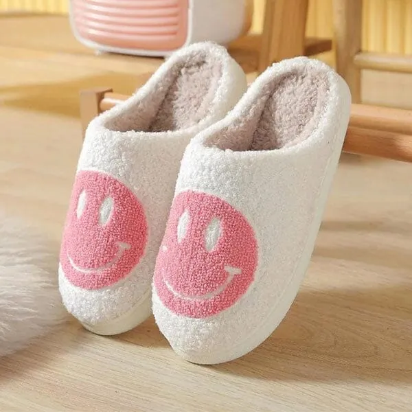 Smiley Face Plush Slippers for Indoors & Outdoors - Pink & White (Multiple Sizes)