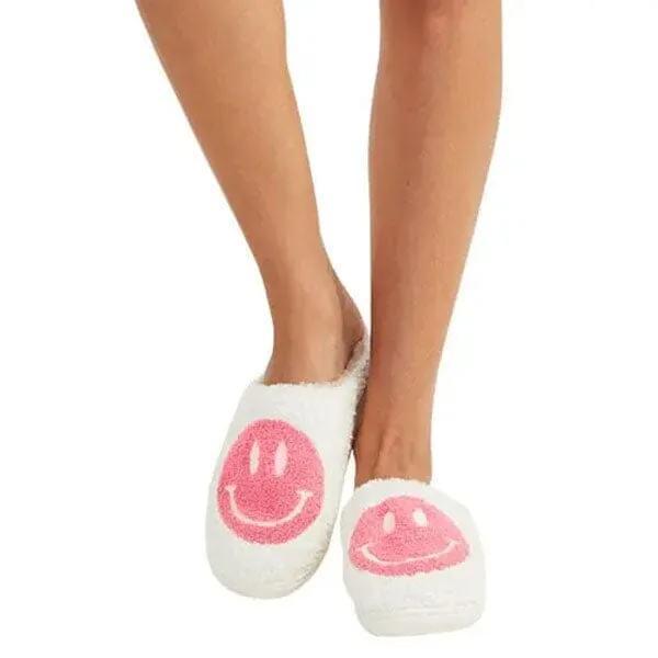 Smiley Face Plush Slippers for Indoors & Outdoors - Pink & White (Multiple Sizes)