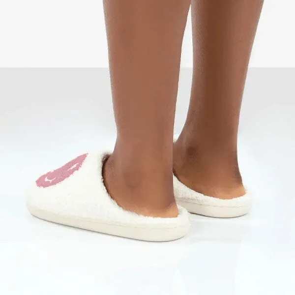 Smiley Face Plush Slippers for Indoors & Outdoors - Pink & White (Multiple Sizes)