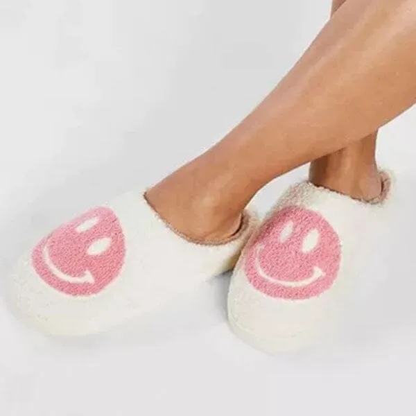 Smiley Face Plush Slippers for Indoors & Outdoors - Pink & White (Multiple Sizes)