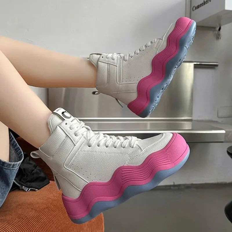Sohiwoo Women Platform Sneaker High Top Casual Outdoor Simple Versatile Sneakers Comfortable Lace Up Running Walking Sports Shoes Female