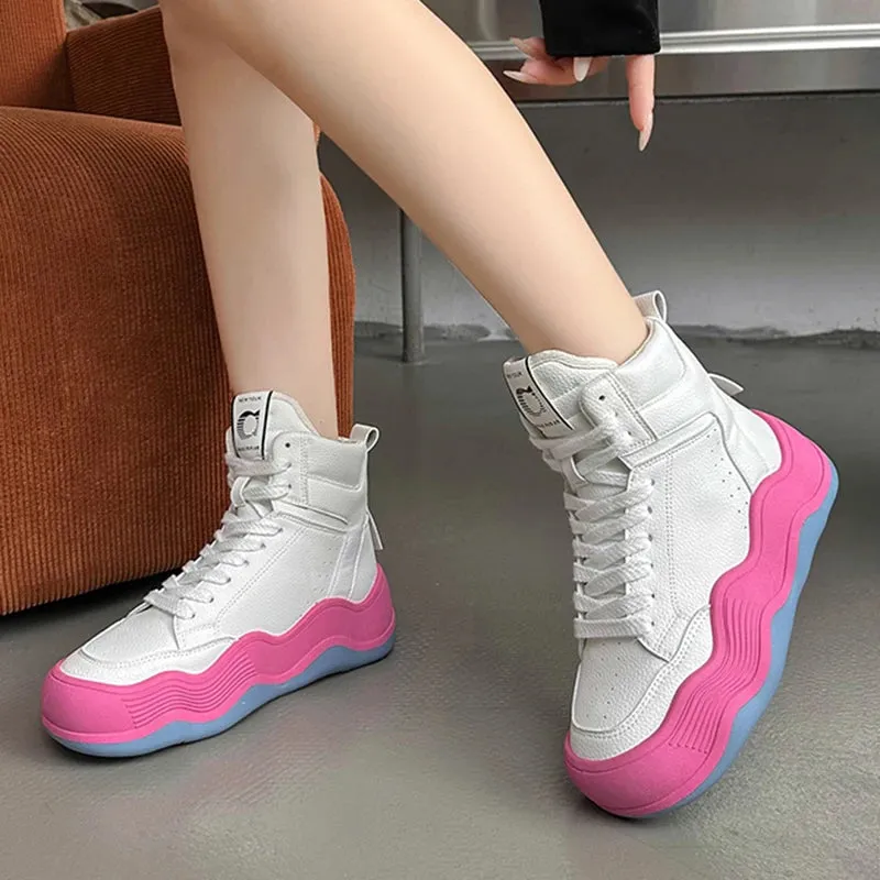 Sohiwoo Women Platform Sneaker High Top Casual Outdoor Simple Versatile Sneakers Comfortable Lace Up Running Walking Sports Shoes Female
