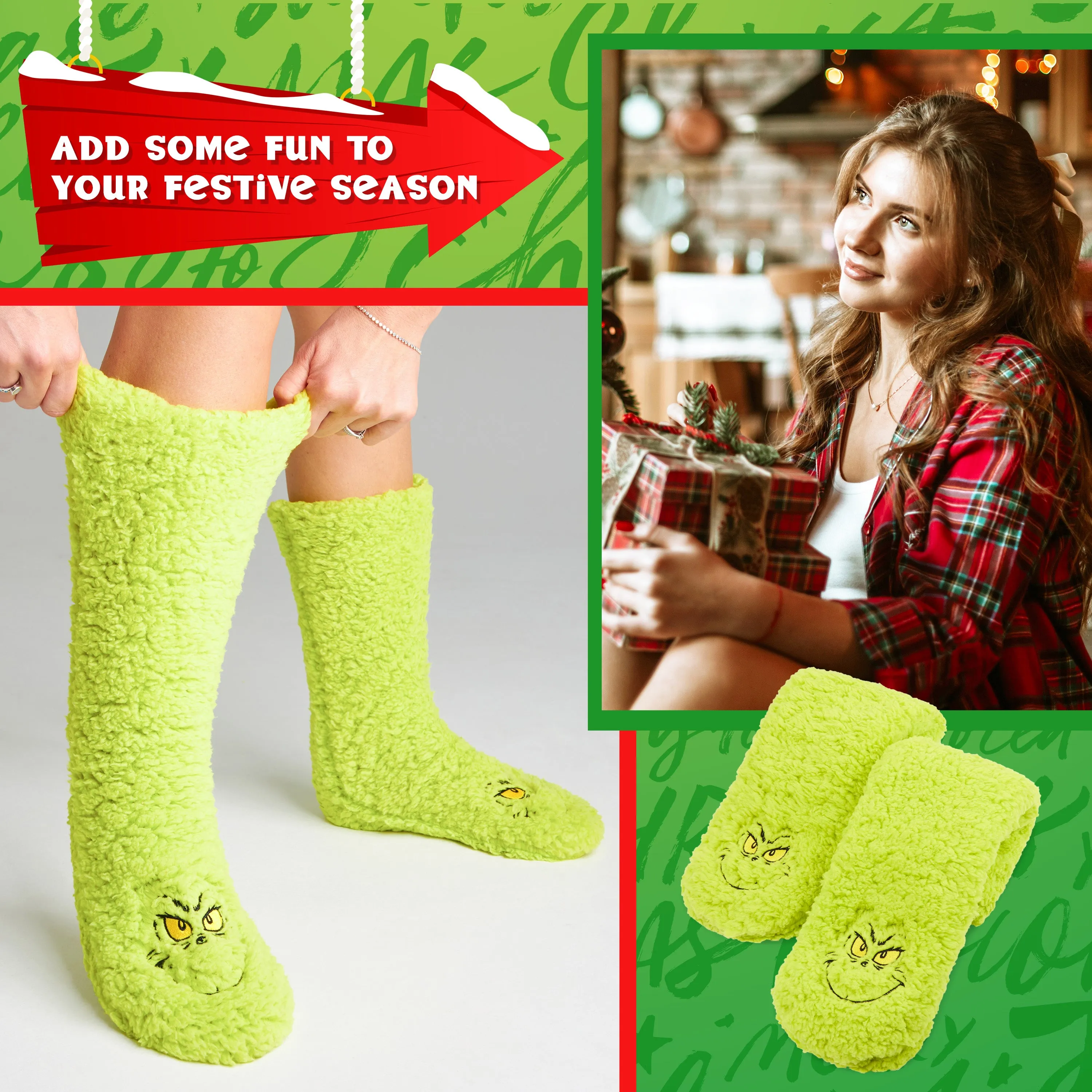 The Grinch Slipper Socks for Women Men Teens, Soft Fluffy Socks Warm Winter Bed Socks Non Slip Funny Festive Stocking Filler Xmas Secret Santa Gifts