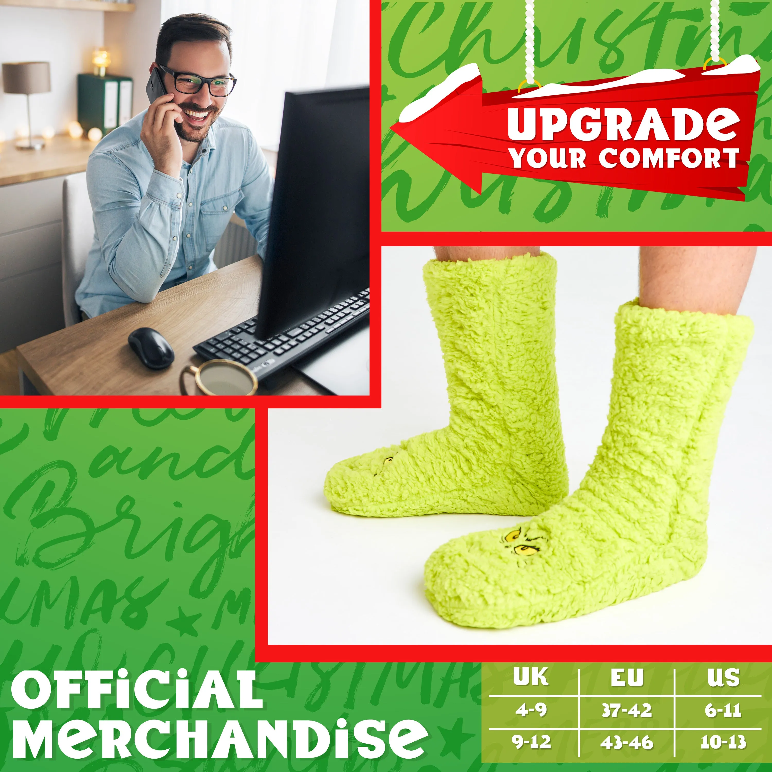 The Grinch Slipper Socks for Women Men Teens, Soft Fluffy Socks Warm Winter Bed Socks Non Slip Funny Festive Stocking Filler Xmas Secret Santa Gifts