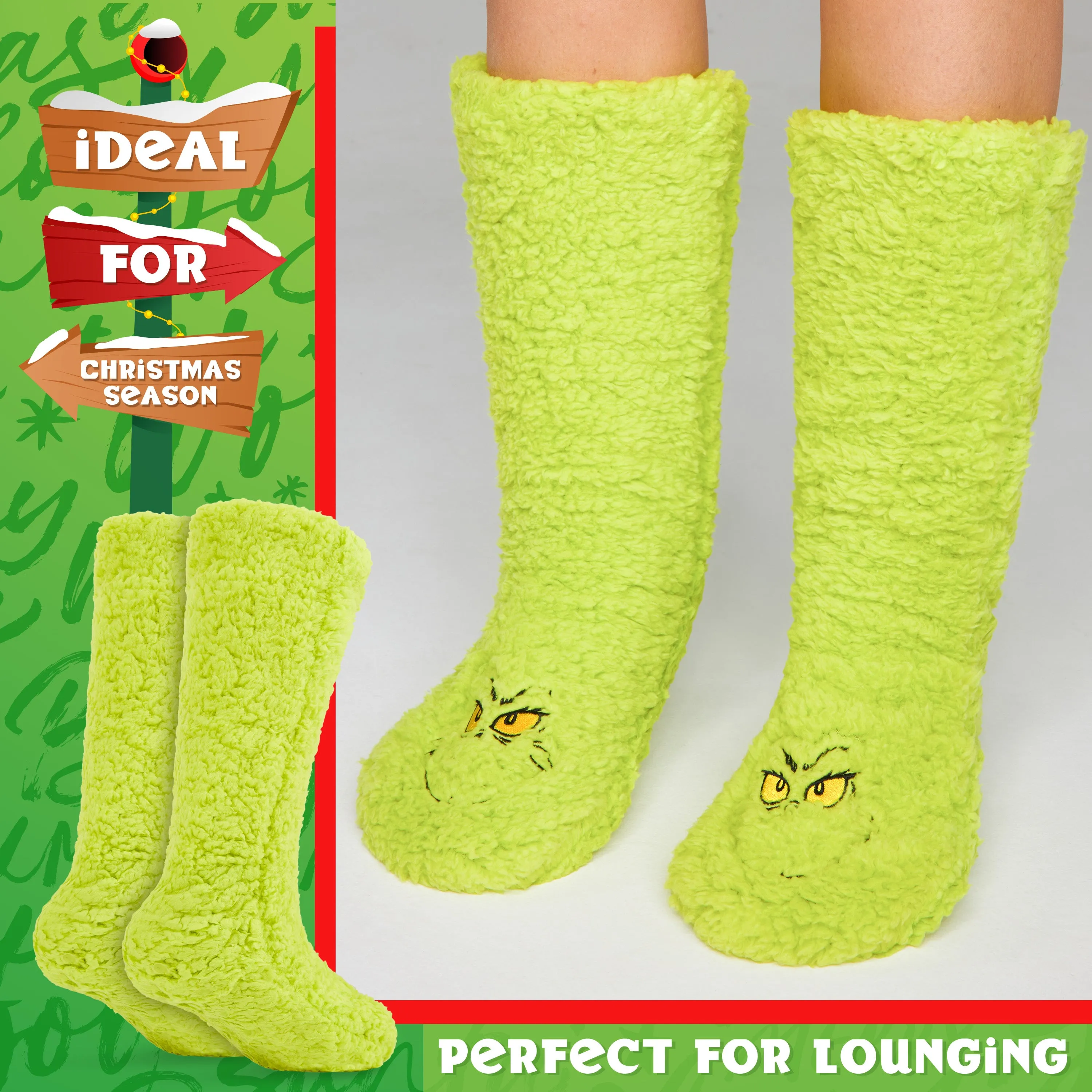 The Grinch Slipper Socks for Women Men Teens, Soft Fluffy Socks Warm Winter Bed Socks Non Slip Funny Festive Stocking Filler Xmas Secret Santa Gifts